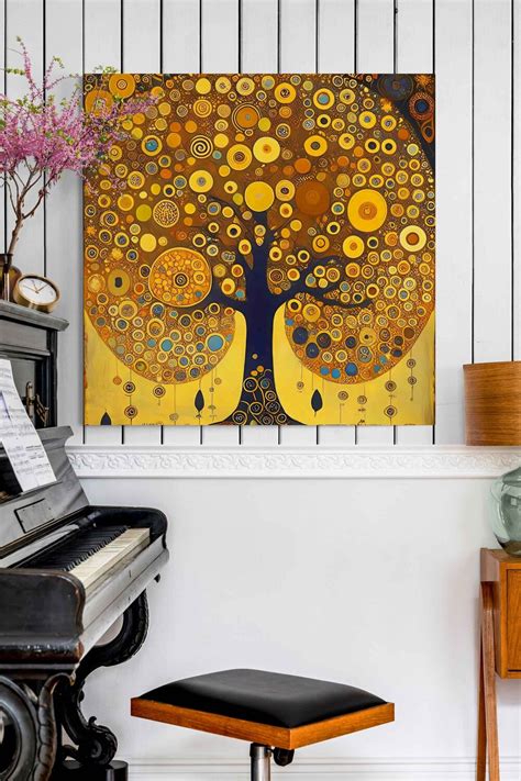 Tree of life artwork. Klimt inspiration abstract symbolism golden wall art for home decor. Large ...