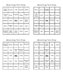 Meteorology Terms Bingo - (100) Different Cards - Just Print, Cut, and Play!