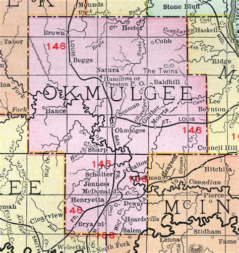 Okmulgee County, Oklahoma 1911 Map, Rand McNally, Okmulgee City, Henryetta, Morris