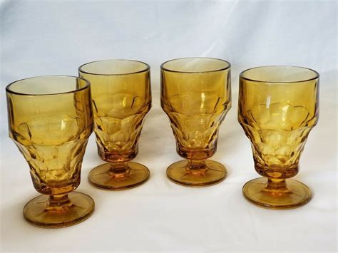 Vintage Set of 4 Amber Gold Drinking Glasses Soft Drink Soda Drink Beer Goblets #Unbranded in ...