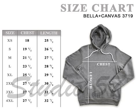 Bella Canvas 3719 Size Chart Hoodie Size Chart Bella Canvas | Etsy