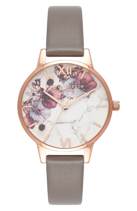 Olivia Burton Marble Floral Leather Strap Watch, 30mm | Nordstrom