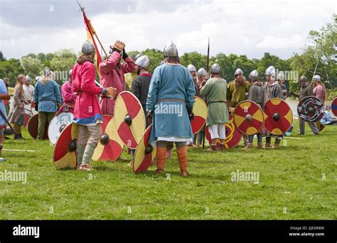 Viking warriors gathering at a reenactment festival event Stock Photo - Alamy