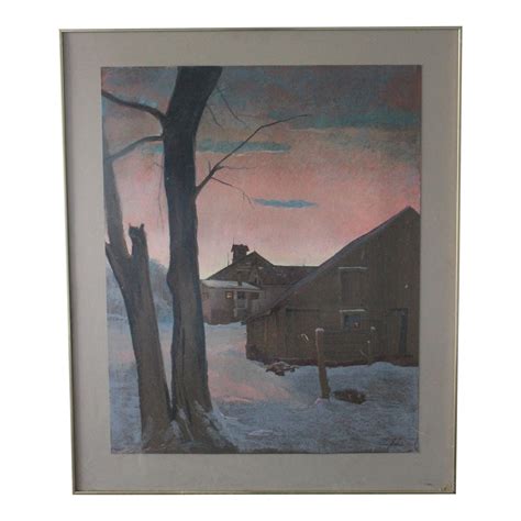 1980s Large Scale Oil Pastel Drawing "Snowy Barns" by Listed Artist John Elliot, Opa, Framed ...