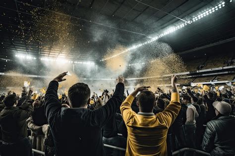 Premium AI Image | Rear view of a football fans in the stands of the stadium Fans celebrating ...