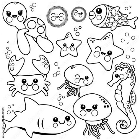 Sea animals. Vector black and white coloring page. Stock-Vektorgrafik | Adobe Stock