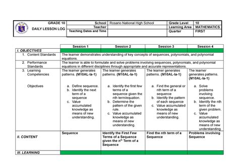 G10 DLL First Quarter - Reference - GRADE 10 DAILY LESSON LOG School Rosario National High ...