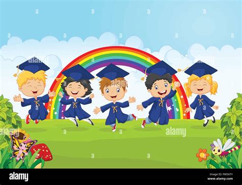 Happy little kids celebrate their graduation with nature background ...