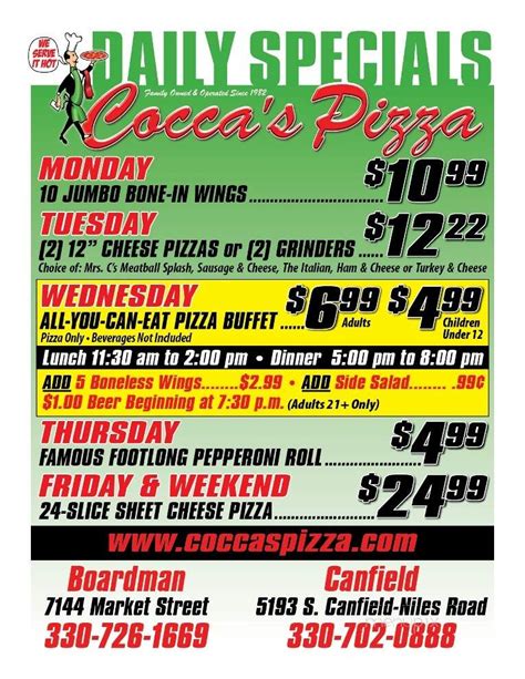 Online Menu of Cocca's Pizza, Girard, OH