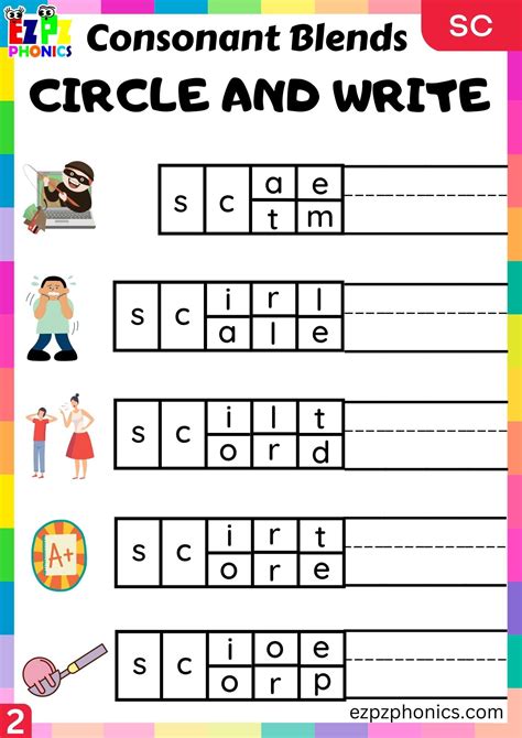 Group2 SC Words Circle And Write Phonics Consonant Blends Worksheet - ezpzphonics.com