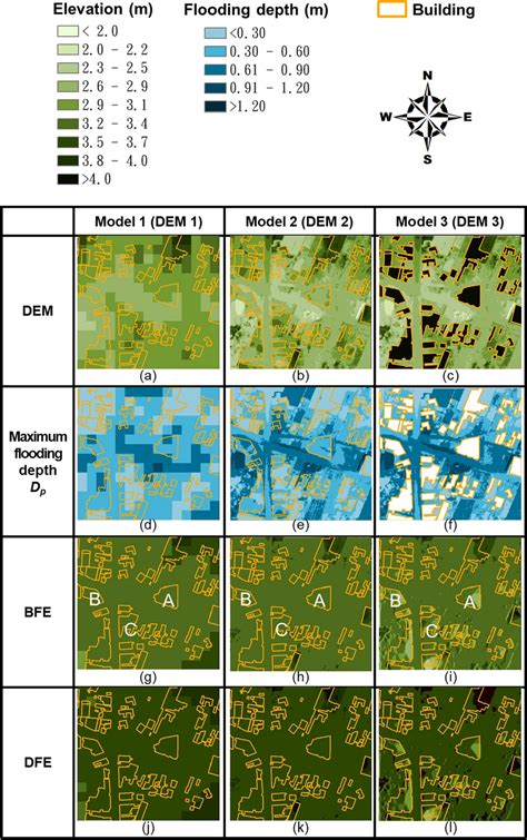 Digital elevation model (DEM), maximum flooding depth (Dp), base flood... | Download Scientific ...