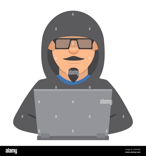 Computer hacker with laptop.Criminal steals information.Cartoon ...