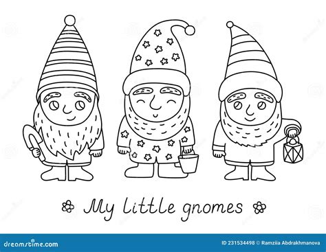 Little Gnomes. Hand Drawn Line Doodle Garden Gnome Sketch. Black And ...