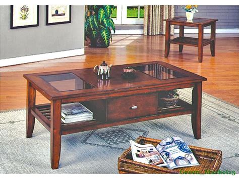 AASI_ Brown Cherry Wood Finish 3 Piece Pack Coffee& End Table Set w/ Glass Top | Coffee table ...