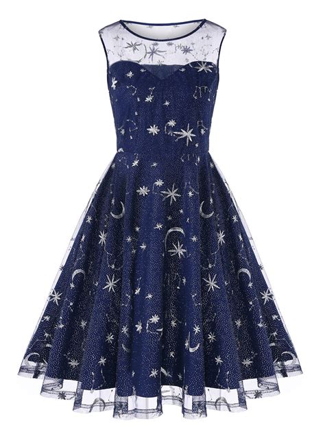 [42% OFF] Retro Moon Stars Embroidered Skater Dress | Rosegal