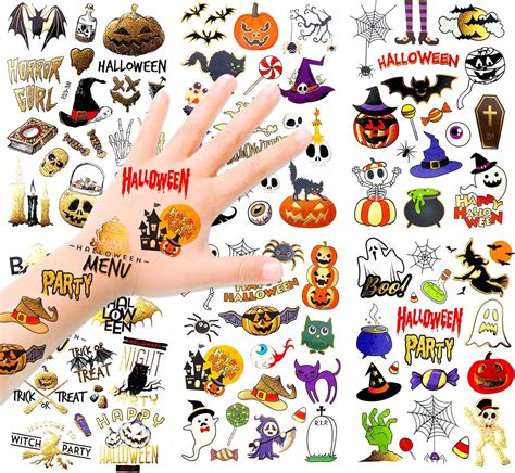 HOWAF 120+ Glitter Halloween Temporary Tattoos for Kids, Metallic Halloween Waterproof Tattoo ...