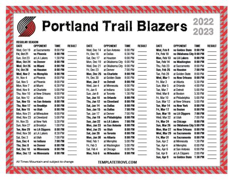 Printable 2022-2023 Portland Trail Blazers Schedule