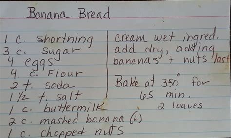 a handwritten recipe for banana bread