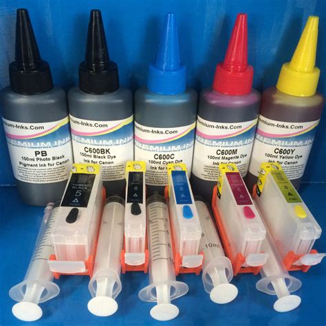 5 REFILLABLE CARTRIDGES + 500ml PIGMENT/DYE REFILL INK FOR CANON CLI-8 ...