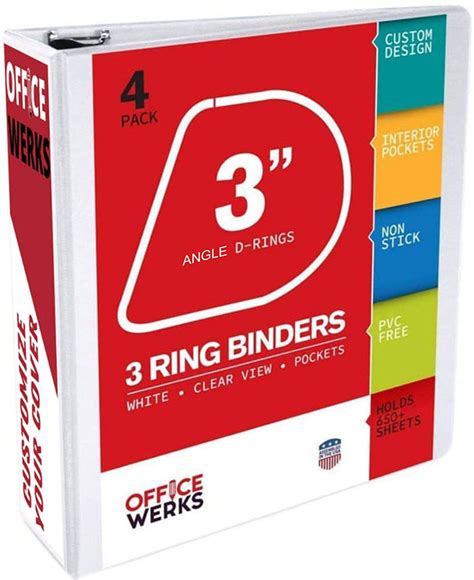 3 Inch, Three Ring Binder, White, Angle D-rings - Pack of 4