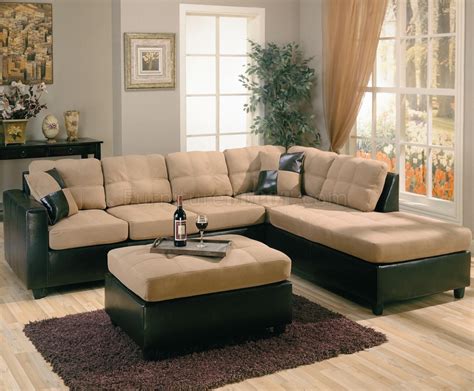 Two-Tone Tan Microfiber & Dark Brown Faux Leather Sectional Sofa