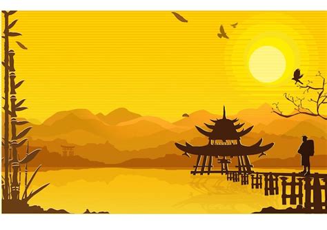 Premium Vector | A yellow background with a pagoda and a lake with a ...