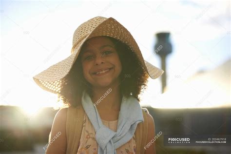 Portrait of smiling young girl with hat — happiness, casual - Stock ...