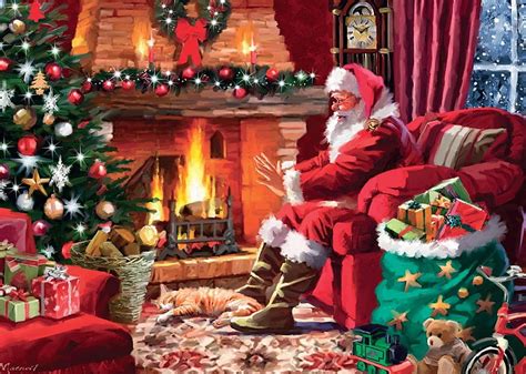 Santa Getting Warm, Christmas, warm, cat, Santa, hands, fireplace, tree, painting, HD wallpaper ...