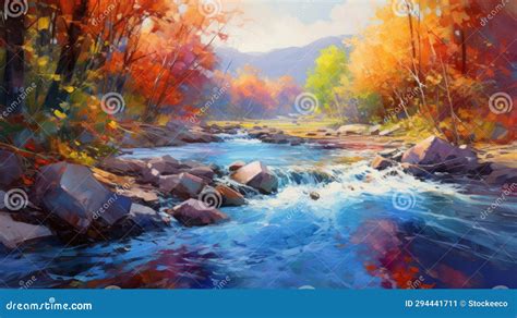 Colorful Autumn River Painting by Nature Artist Stock Illustration ...