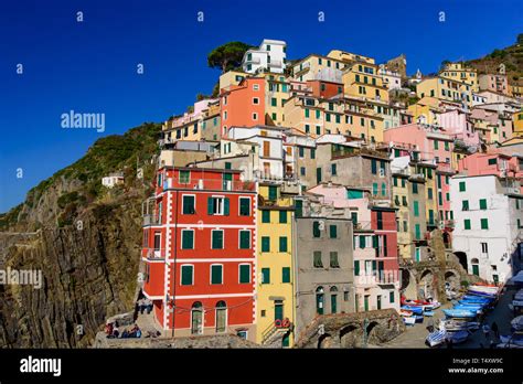 Riomaggiore, one of the five Mediterranean villages in Cinque Terre, Italy, famous for its ...