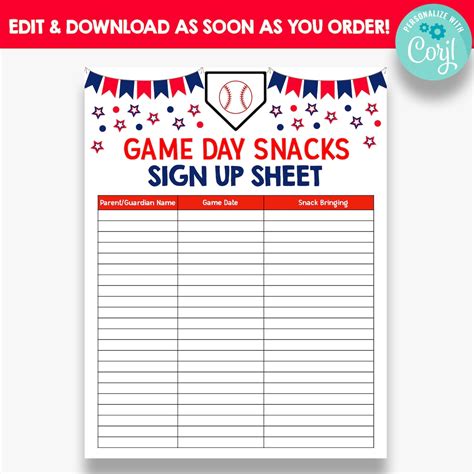 EDITABLE Baseball Snack Sign up Sheet Game Day Snacks Sign up Printable Baseball Volunteer Form ...