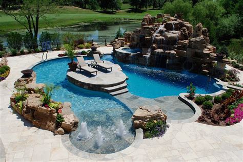 Custom Pool with Island, Slide, Rock Mountain, Diving Board, Hot Tub ...