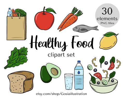 Healthy Food Clipart Set, Hand Drawn Food Clipart, Fruits and Vegetables Illustrations, Graphics ...