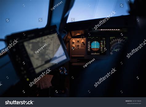 Modern Cockpit Commercial Airliner Airplane During Stock Photo ...