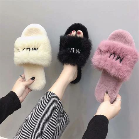 New Fashion Fluffy Slippers Women Furry Fur Slippers Summer Winter Home ...