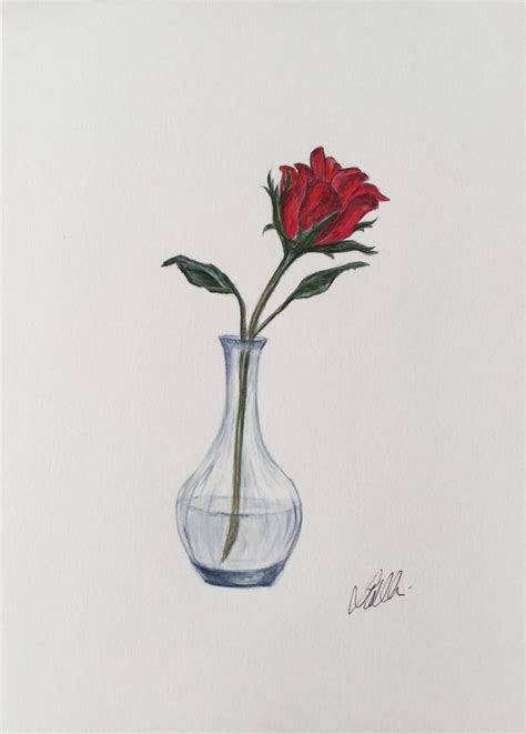 #watercolour #painting of. Red rose in small glass vase #LorraineWillisArt | Flower vase drawing ...