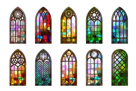 Gothic stained glass windows. Church medieval arches. Catholic ...