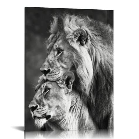 PIKWEEK Lion and Lioness Hug Poster Black and White Animal Lion Wall Art Picture Print Canvas ...