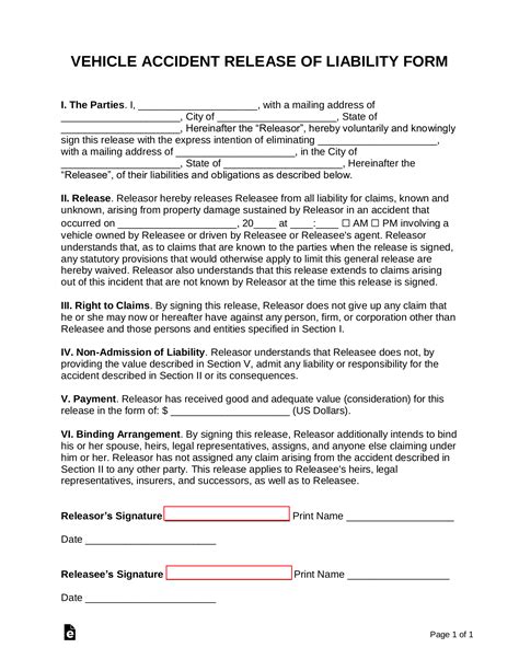 Free Car Accident Release of Liability Form (Settlement Agreement) - PDF | Word – eForms