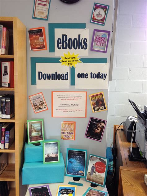 Library ebook display. The cards with book covers have write ups about ...