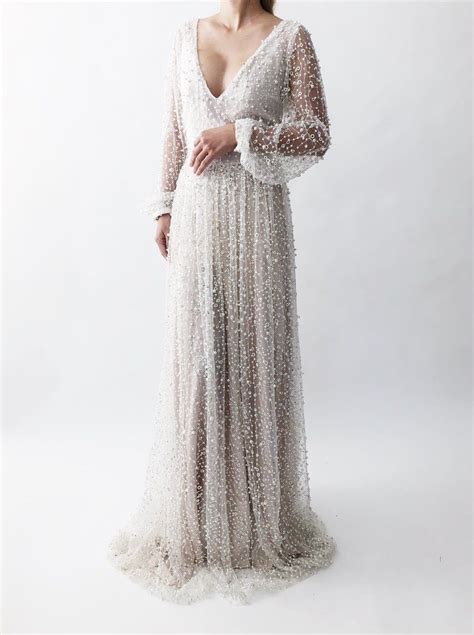 GOSSAMER Ivory Pearl Dress | Pearl dress, Gowns with sleeves, Pearl ...