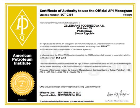 Product certificates for petroleum and gas industry