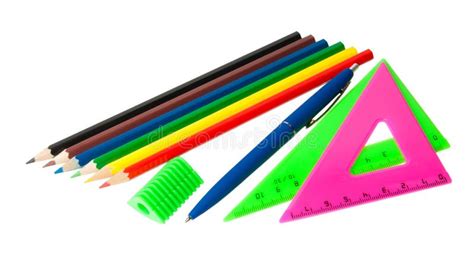 Colored Pencils, Triangle, Pen and Pencil Sharpener Stock Photo - Image ...