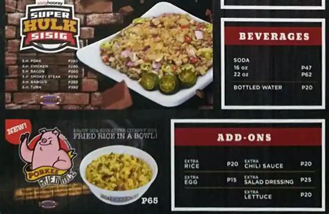 Menu at Sisig Hooray restaurant, Marikina