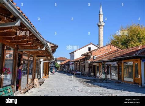 Traditional shops in the old Ottoman bazaar in the town of Gjakova, Đakovica, in the Republic of ...