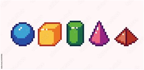 Simple shapes pixel art set. Basic figures collection. Box, cube, ball ...