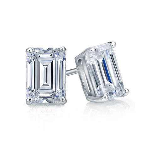 Certified 14k White Gold 4-Prong Basket Emerald Cut Diamond Stud Earrings 1.00 ct. tw. (H-I, I1 ...