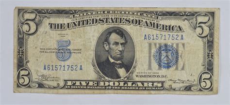 TREASURER Julian1934 $5.00 Silver Certificate Blue Seal United States ...