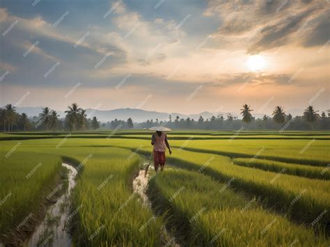 Premium AI Image | A young man harvesting paddy in a paddy field