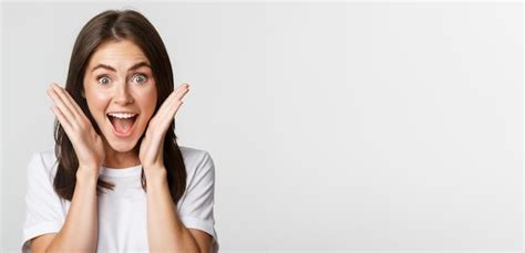 Free Photo | Closeup of excited happy brunette girl looking amazed ...